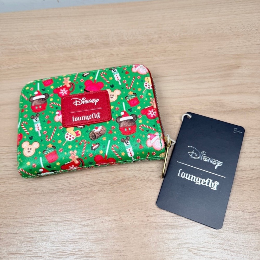 Disney Loungefly Holiday Treats Wallet  Green Mickey Minnie Christmas Zip Around